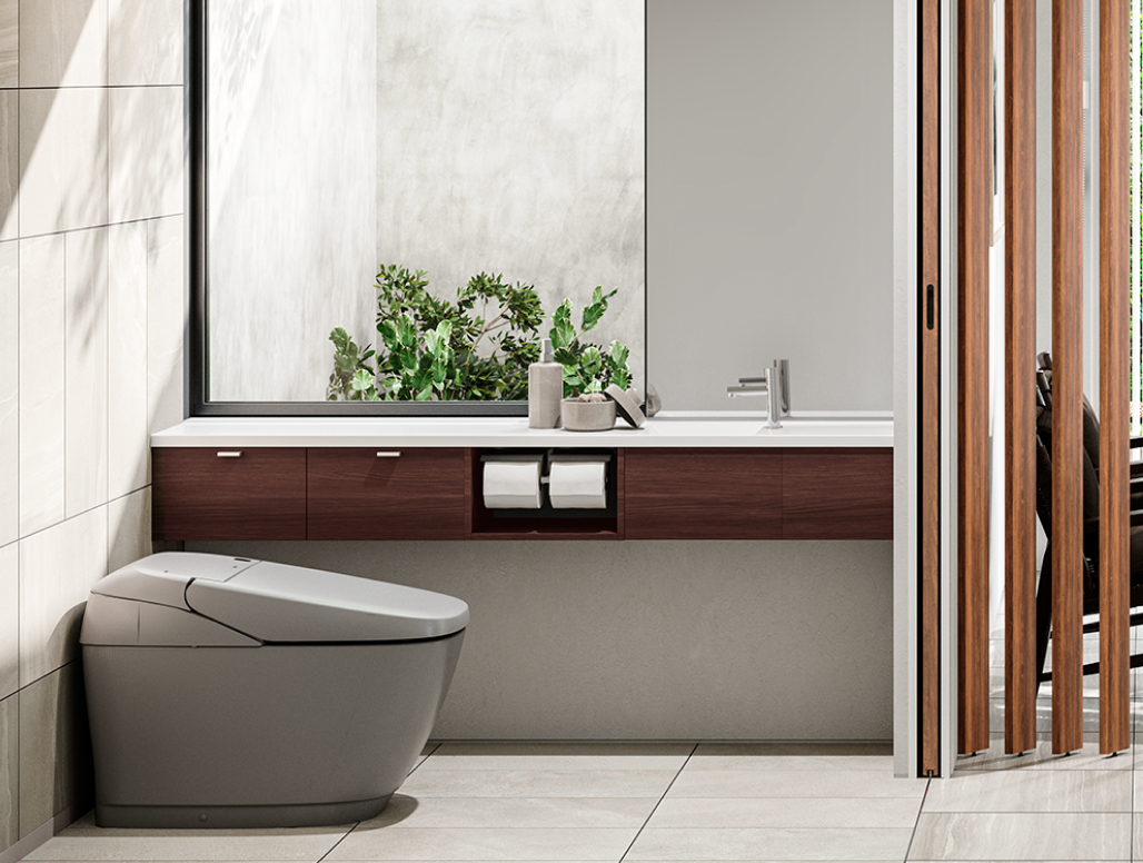 タンクレストイレとフロートタイプの手洗キャビネット「キャパシア」で、トイレ空間内がスッキリ広々。