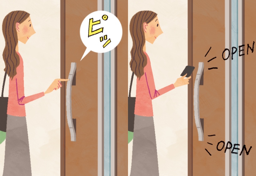 ドアにカードキー、ケータイをかざしている様子「イラスト」