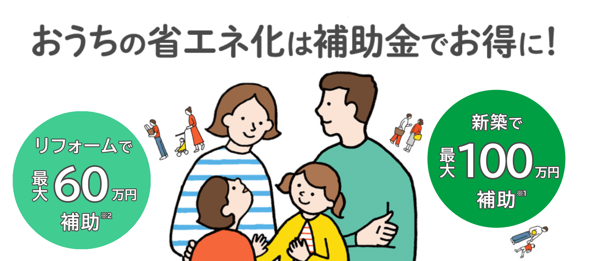 おうちの省エネ化は補助金でお得に! 新築で100万円補助※1 リフォームで最大60万円補助※2