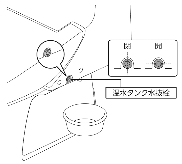 温水タンクから水抜栓を外して、水を抜く