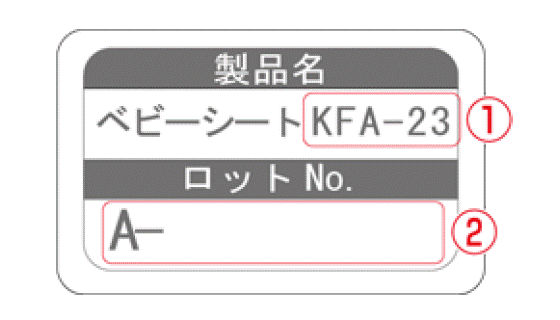 ①は、「品番・商品コード」です。②は、「製造番号・ロットNo」です。
